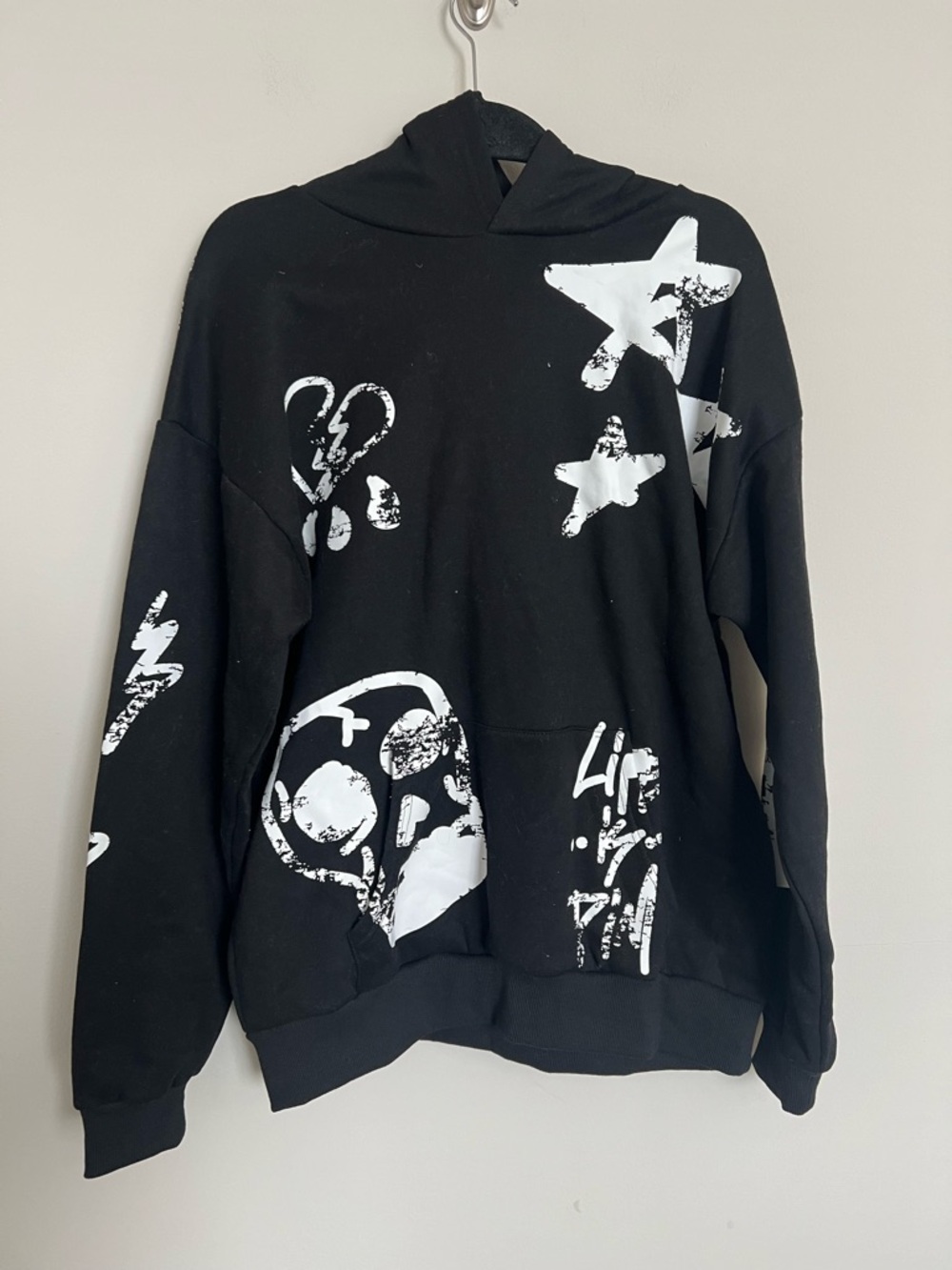 PacSun Black Graphic Streetwear Hoodie Size Medium Abstract Print Pullover - Picture 3 of 11